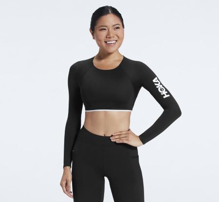 Hoka One One Long Sleeve Crop Top Dama - Top Negrii | RO-809iZMR